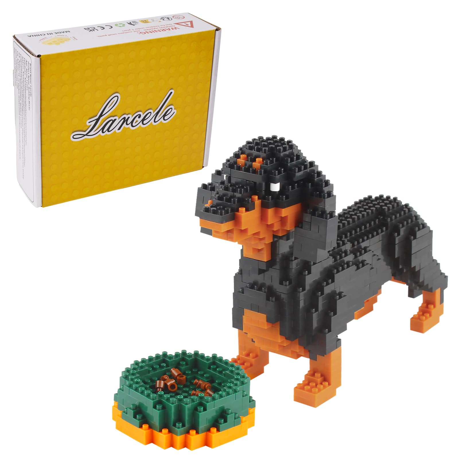 Larcele dachshund blocks assembly close-up showing tiny bricks