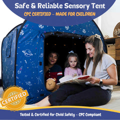 L'Arche sensory tent space theme with dual windows and toy pockets.
