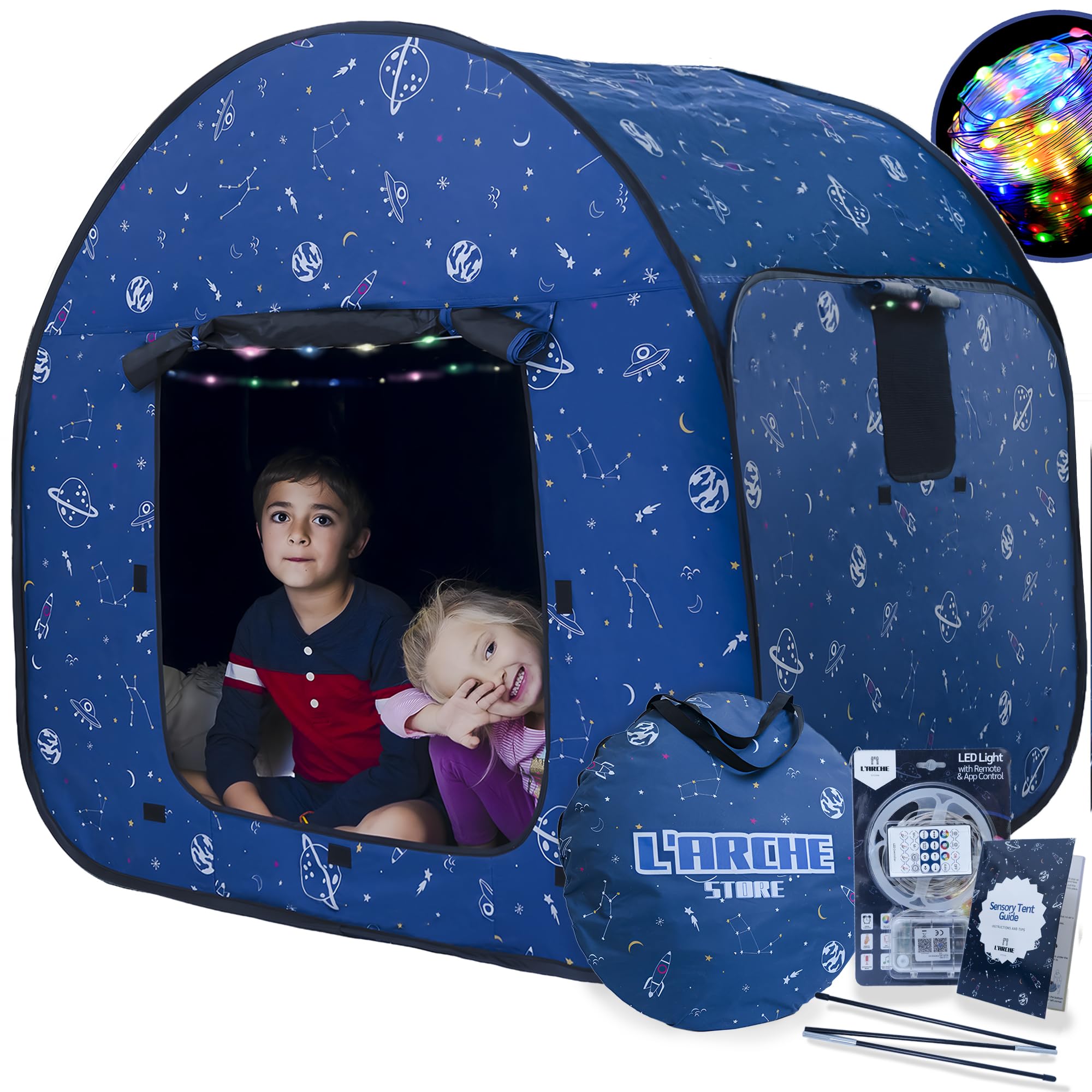 L'Arche sensory tent with LED lights and remote for customizable ambience.