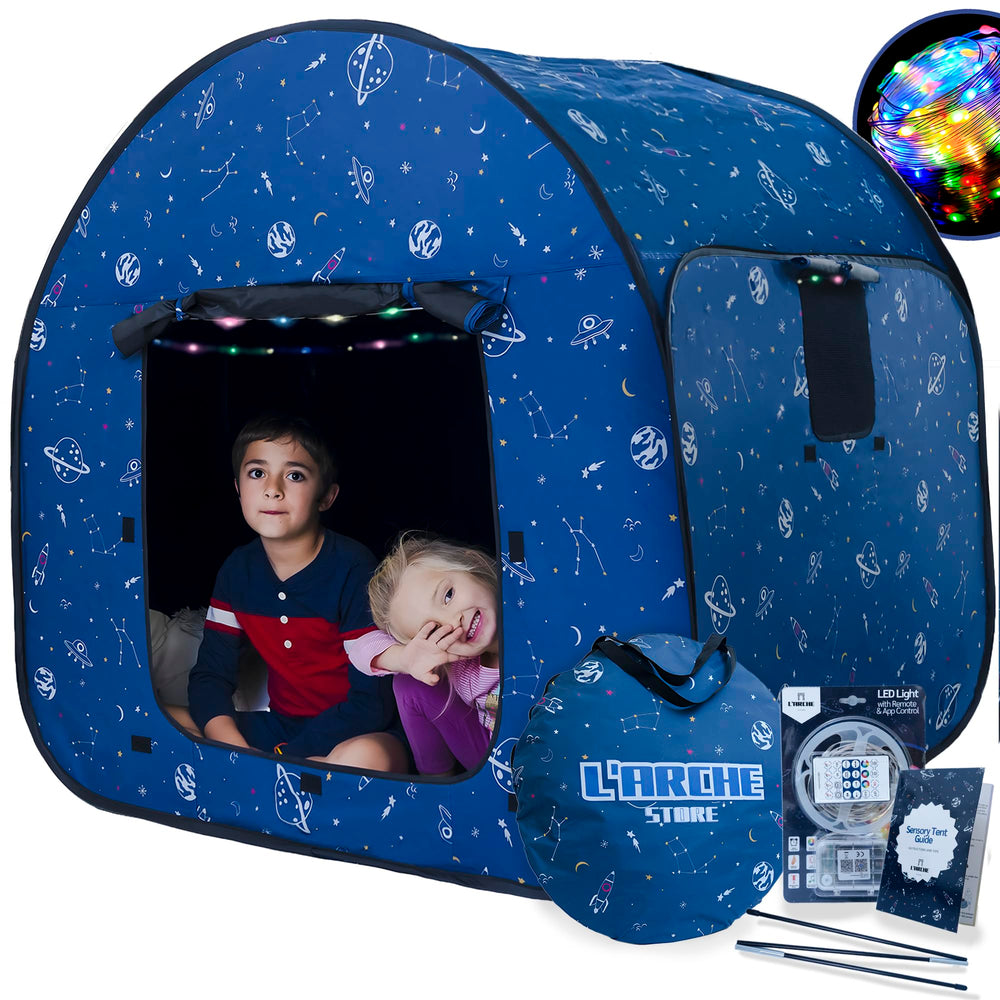 L'Arche sensory tent with LED lights and remote for customizable ambience.