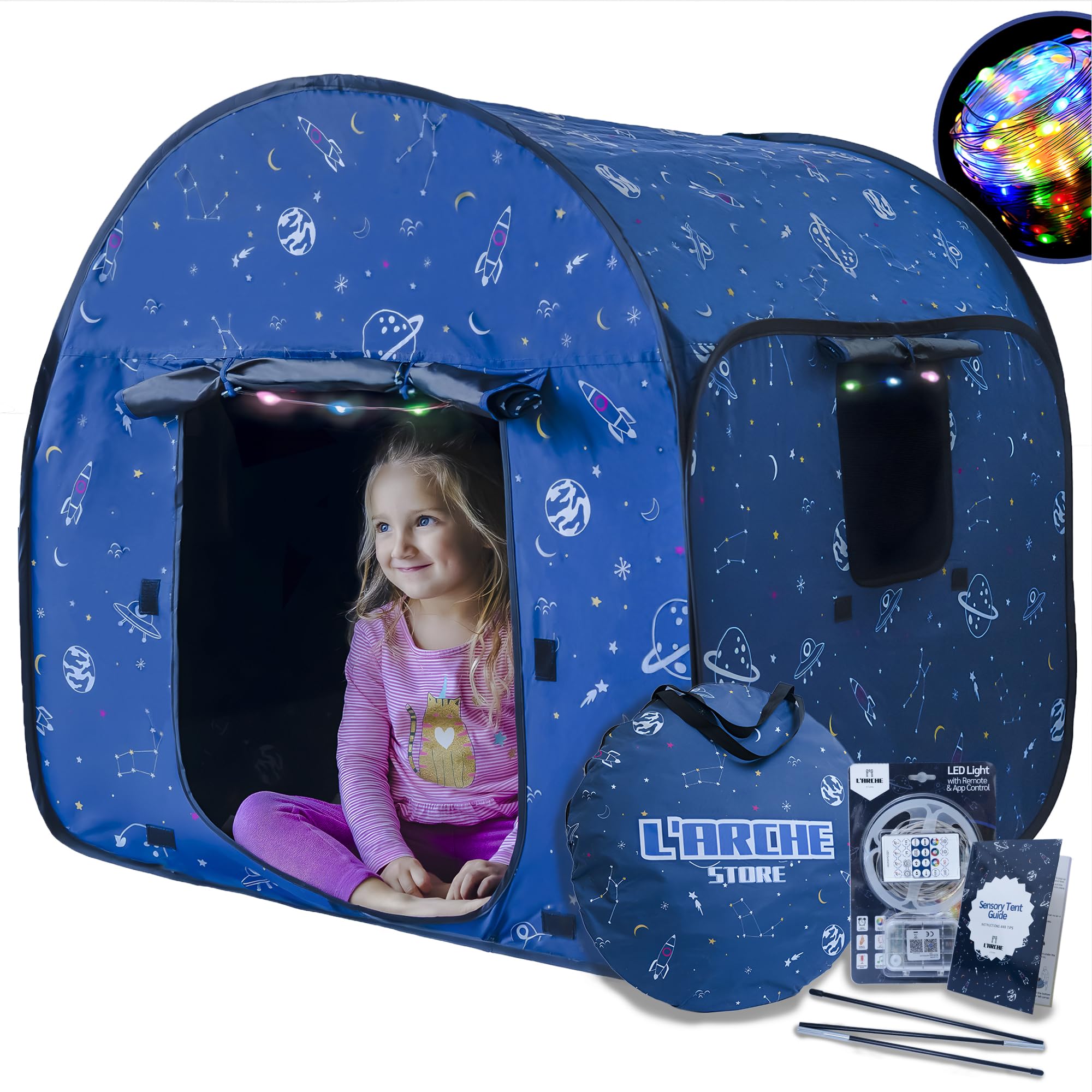 L'Arche sensory tent with space-theme LED lights for immersive play