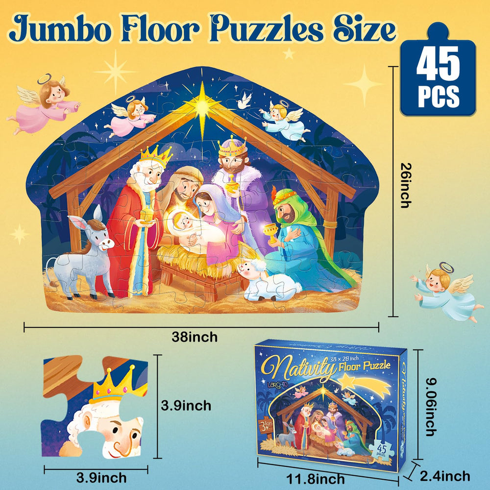 Larchio Nativity puzzle 36x26 floor size supports immersive storytelling.