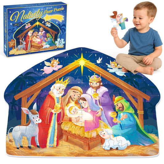 Larchio Nativity puzzle with giant stable outline ideal for interactive floor play.
