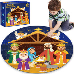 Larchio Nativity Scene Floor Puzzle featuring Mary, Joseph, and Baby Jesus for engaging play.