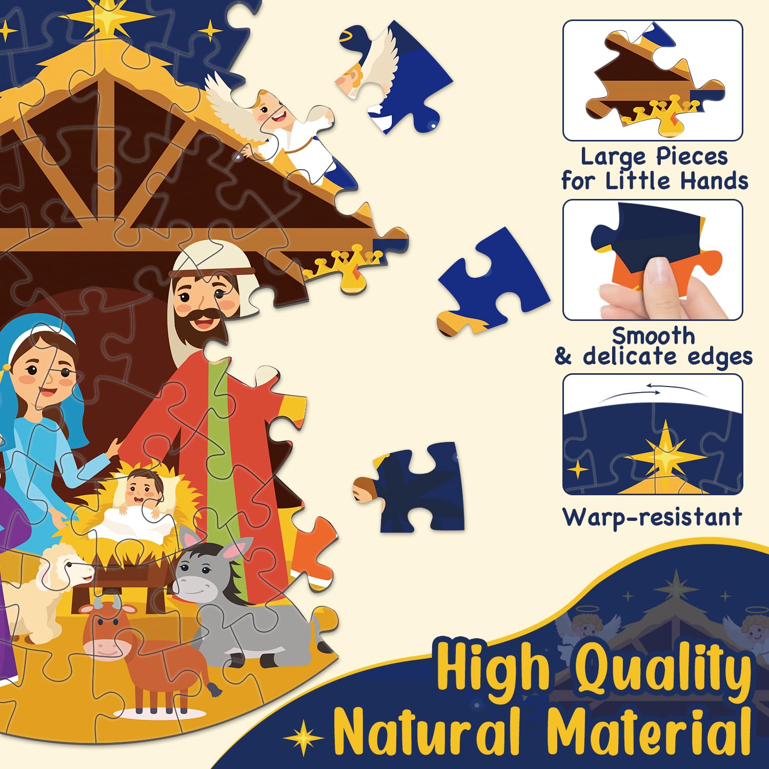 Larchio Nativity puzzle pieces with precise cuts for easy assembly.