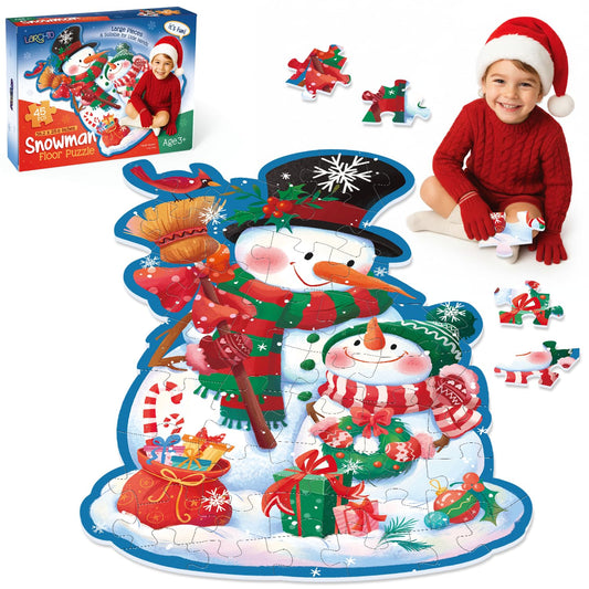 Larchio Snowman Floor Puzzle: large 25x36 inch scene for family collaborative play.