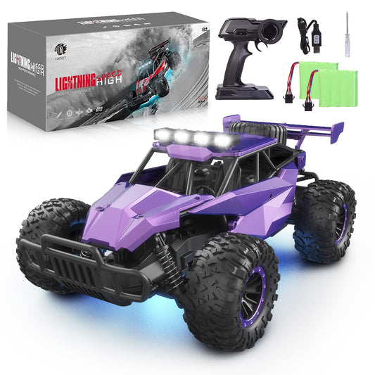 LARVEY 1:16 purple RC car front view showing bold design and bright lighting
