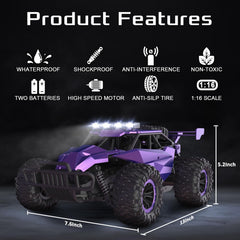 LARVEY 1:16 purple RC car side view emphasizes aerodynamic profile and color gradient