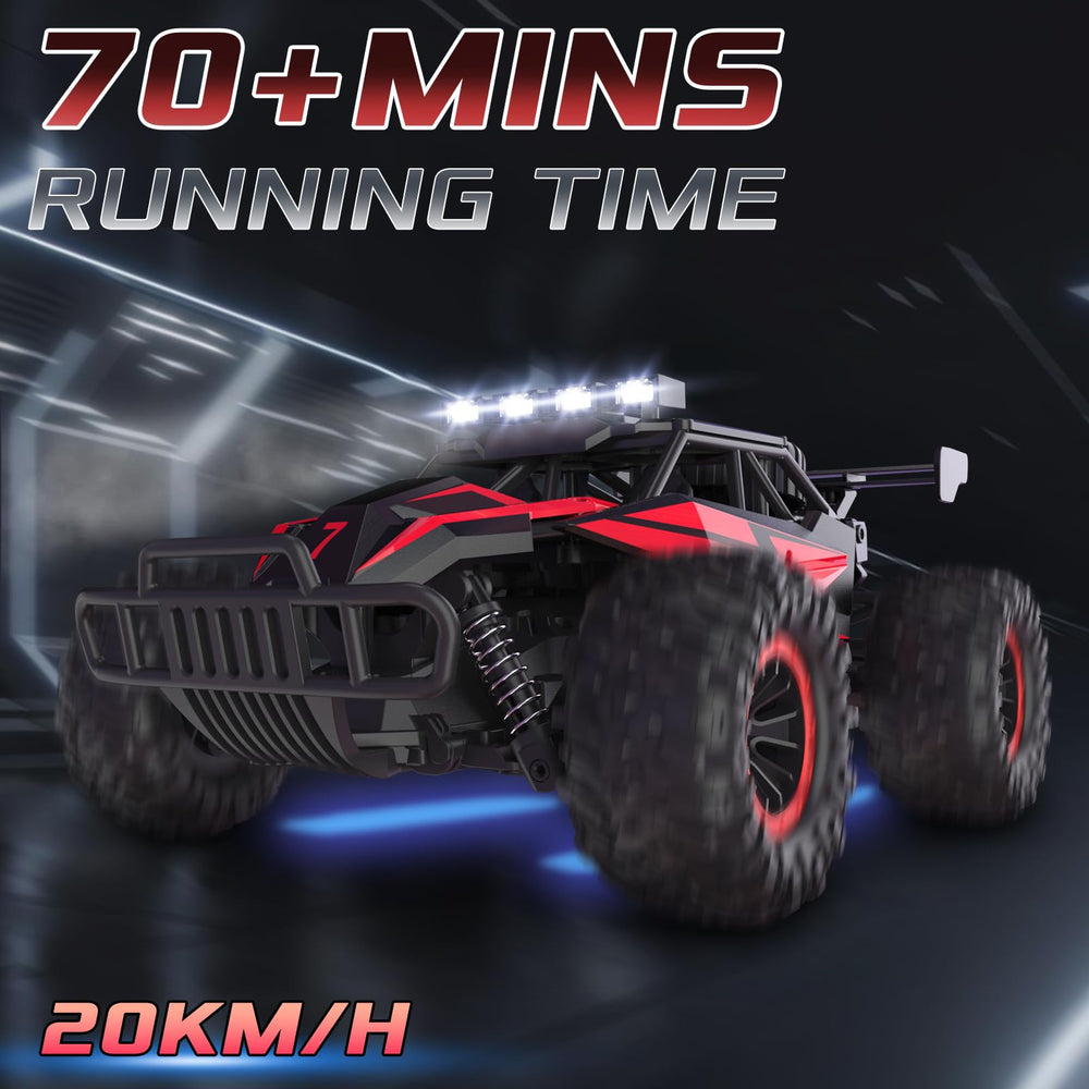 LARVEY RC car LED headlights illuminate night driving.
