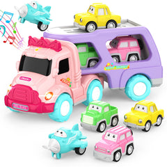 LASCOTON 5-in-1 carrier truck trailer pink supports color recognition.