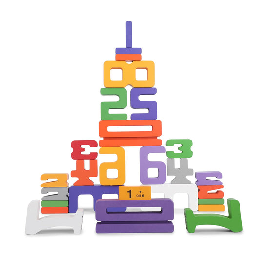 Lasoba number blocks stacked in a tower highlighting balance and fine motor skills.