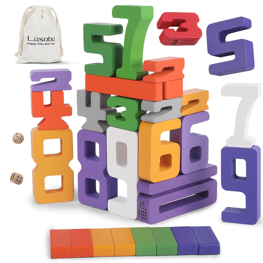 Lasoba wooden number blocks 1-10 arranged for counting practice and early numeracy.