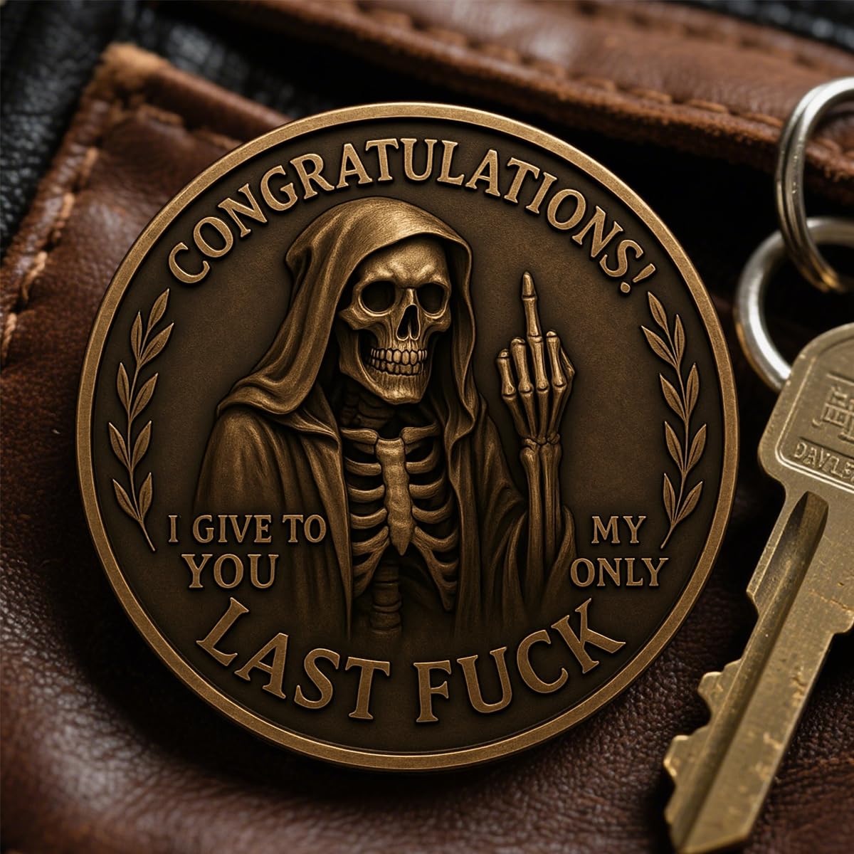 Last Fuck to Give Challenge Coin showing dual side detail and clear engraving