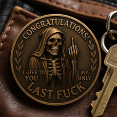 Last Fuck to Give Challenge Coin showing dual side detail and clear engraving