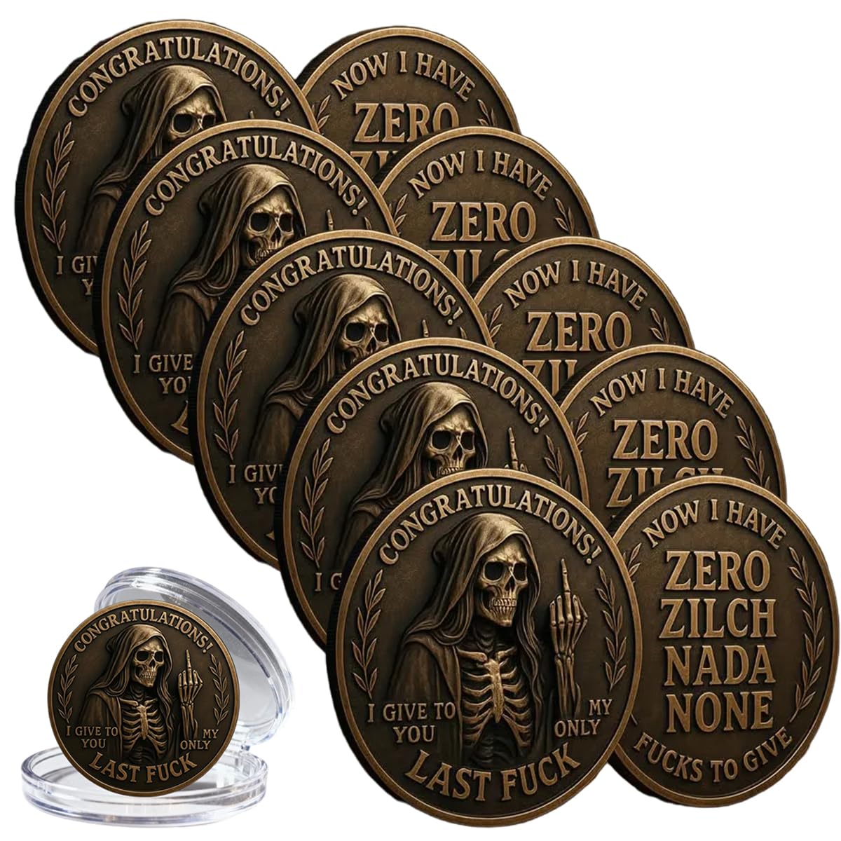 Last Fuck to Give Challenge Coin with skull design for bold desk display