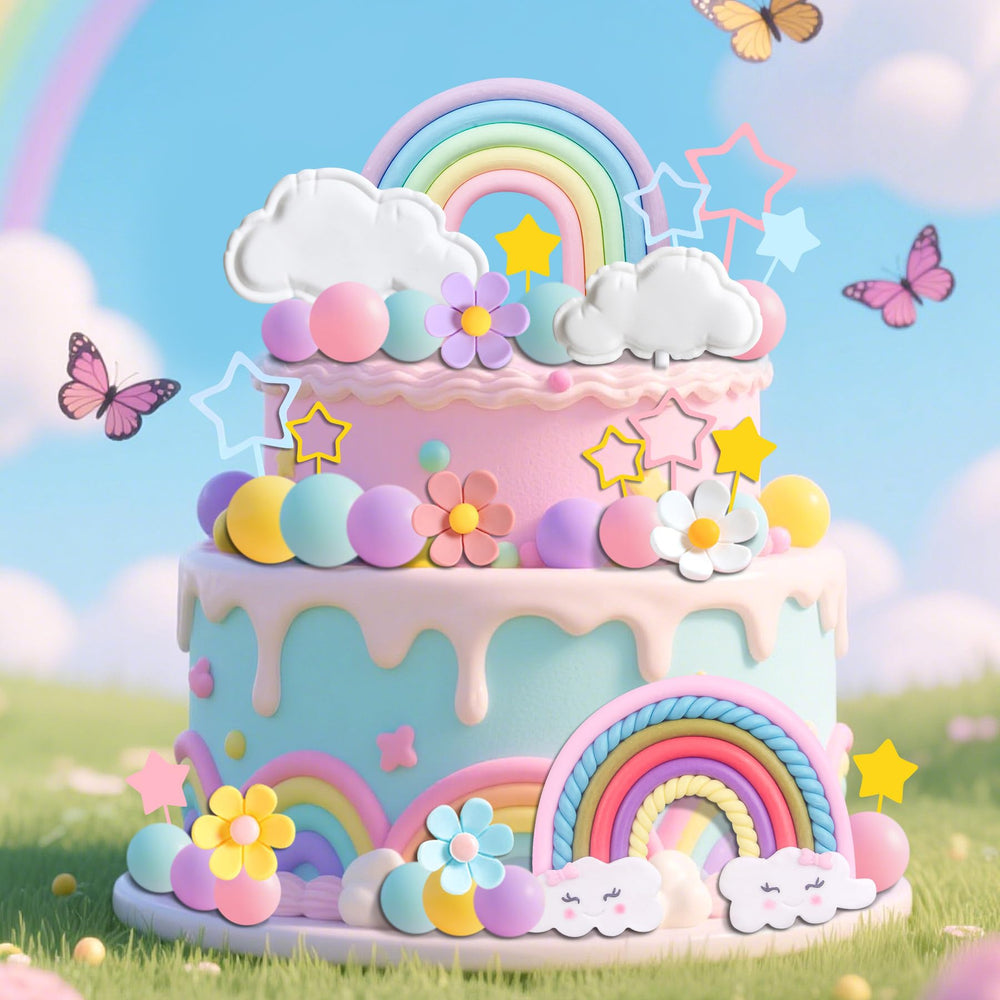 LAST HOE DOWN Rainbow flowers and pastel balls elevate cake decoration with whimsy