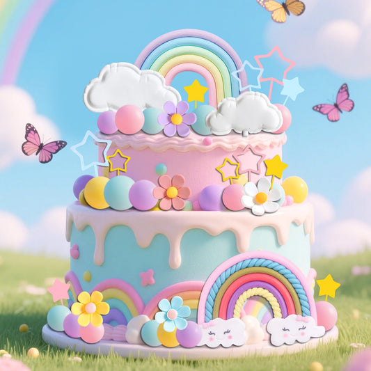 LAST HOE DOWN Rainbow flowers and pastel balls elevate cake decoration with whimsy