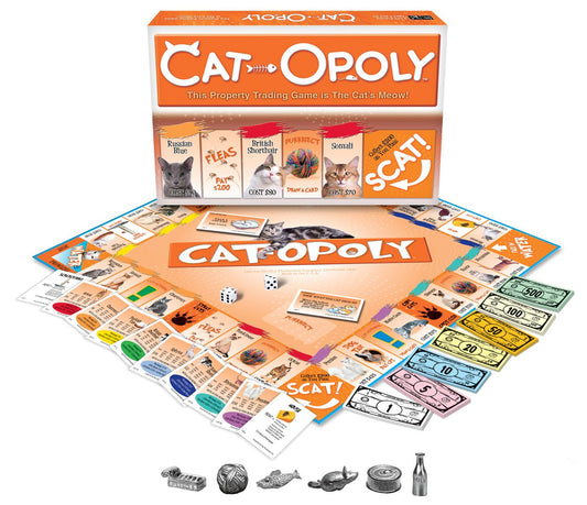 Late for the Sky CAT-opoly board showcasing cat-themed properties for family game night.