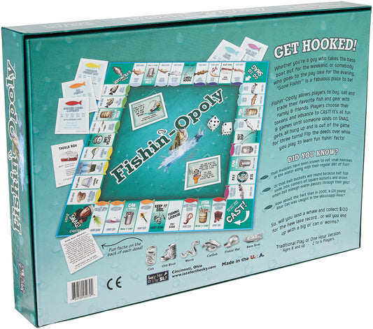 Late for the Sky Fishin'-Opoly dice and pieces glint during lively trades