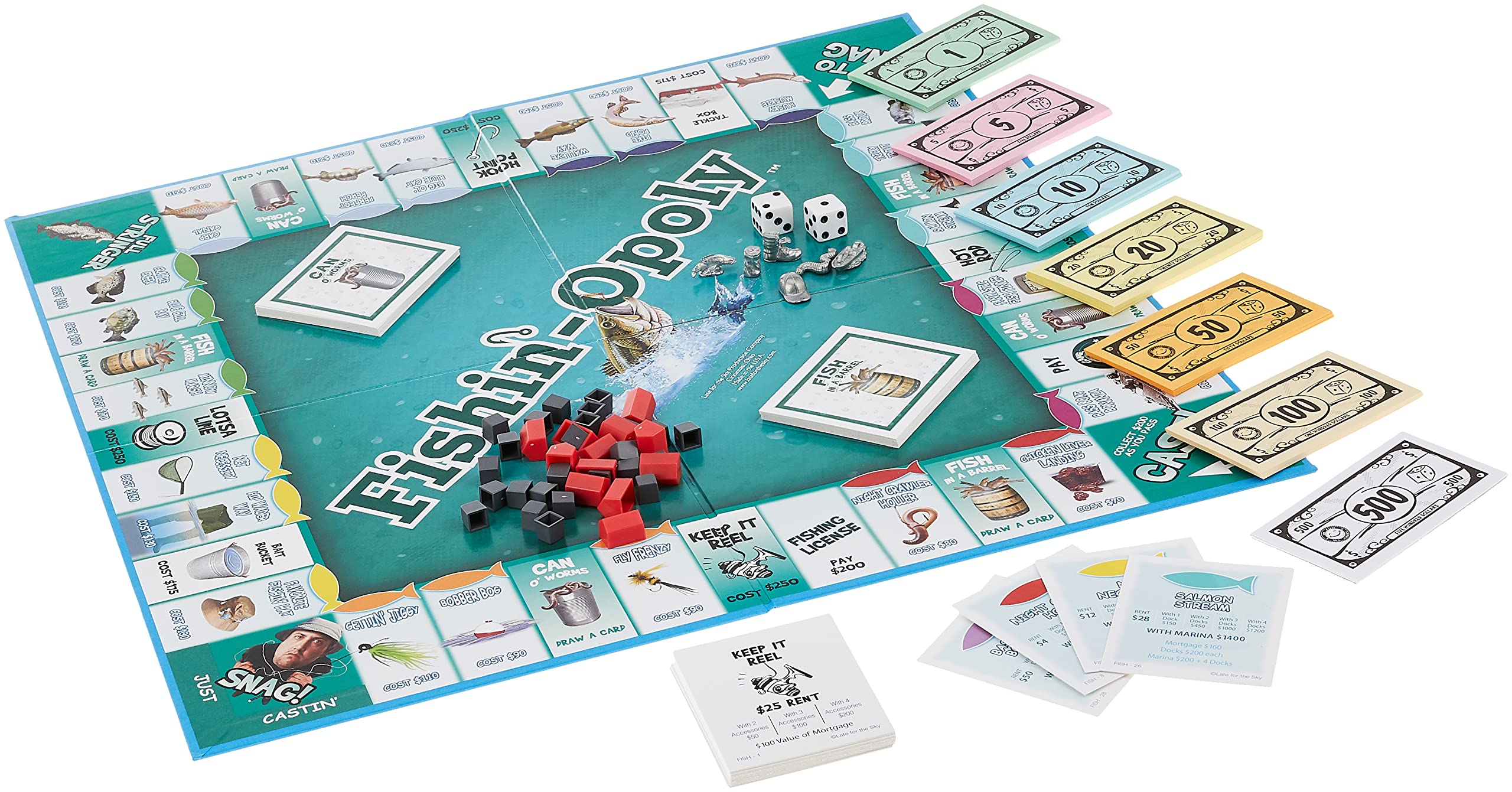 Late for the Sky Fishin'-Opoly metal tokens and money add colorful competition