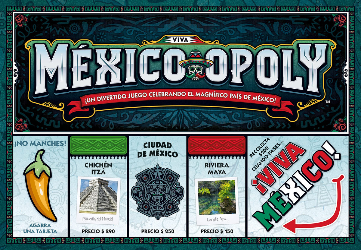 Late for the Sky Mexico-opoly game board with vibrant Mexican imagery for family play