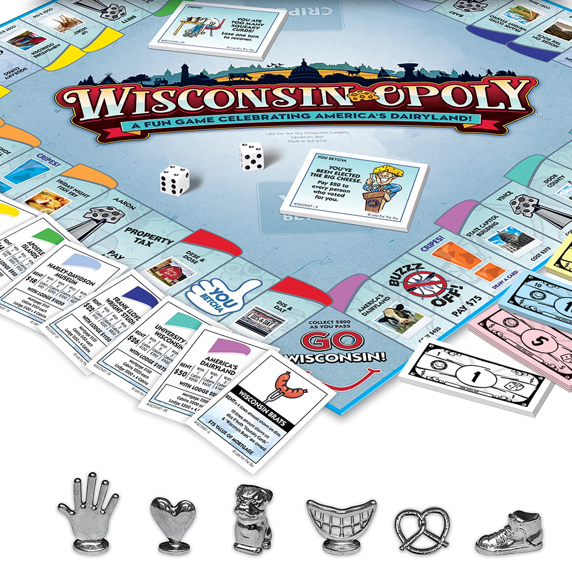 Late for the Sky Wisconsin-opoly packaging shows a ready-to-play family game night.