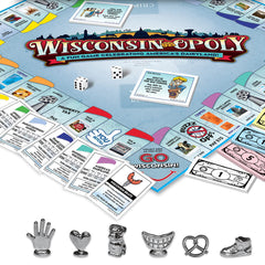 Late for the Sky Wisconsin-opoly packaging shows a ready-to-play family game night.