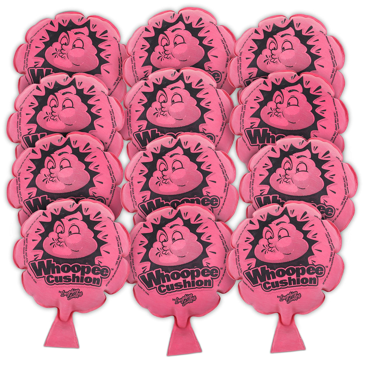 Laughing Smith 12-pack whoopie cushions laid out for bulk party favors and instant laughter.