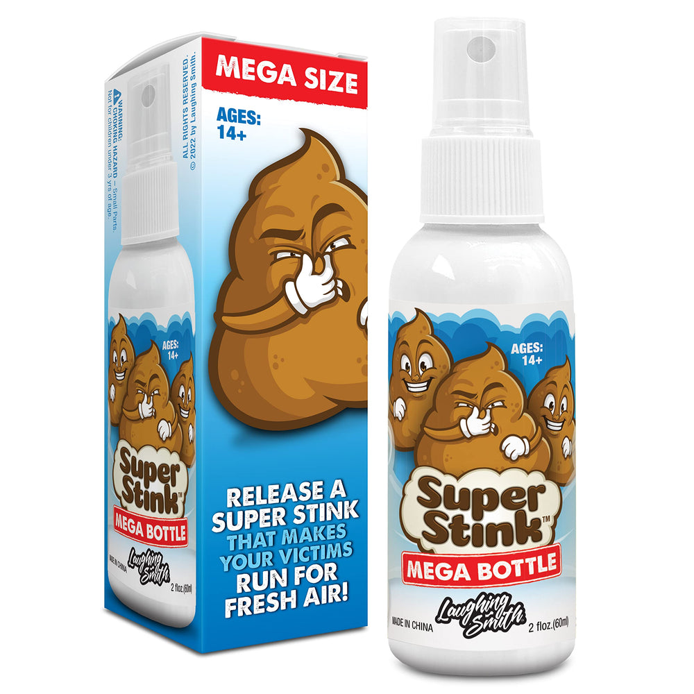 Laughing Smith Super Stink mega bottle close-up, potent prank surprise.