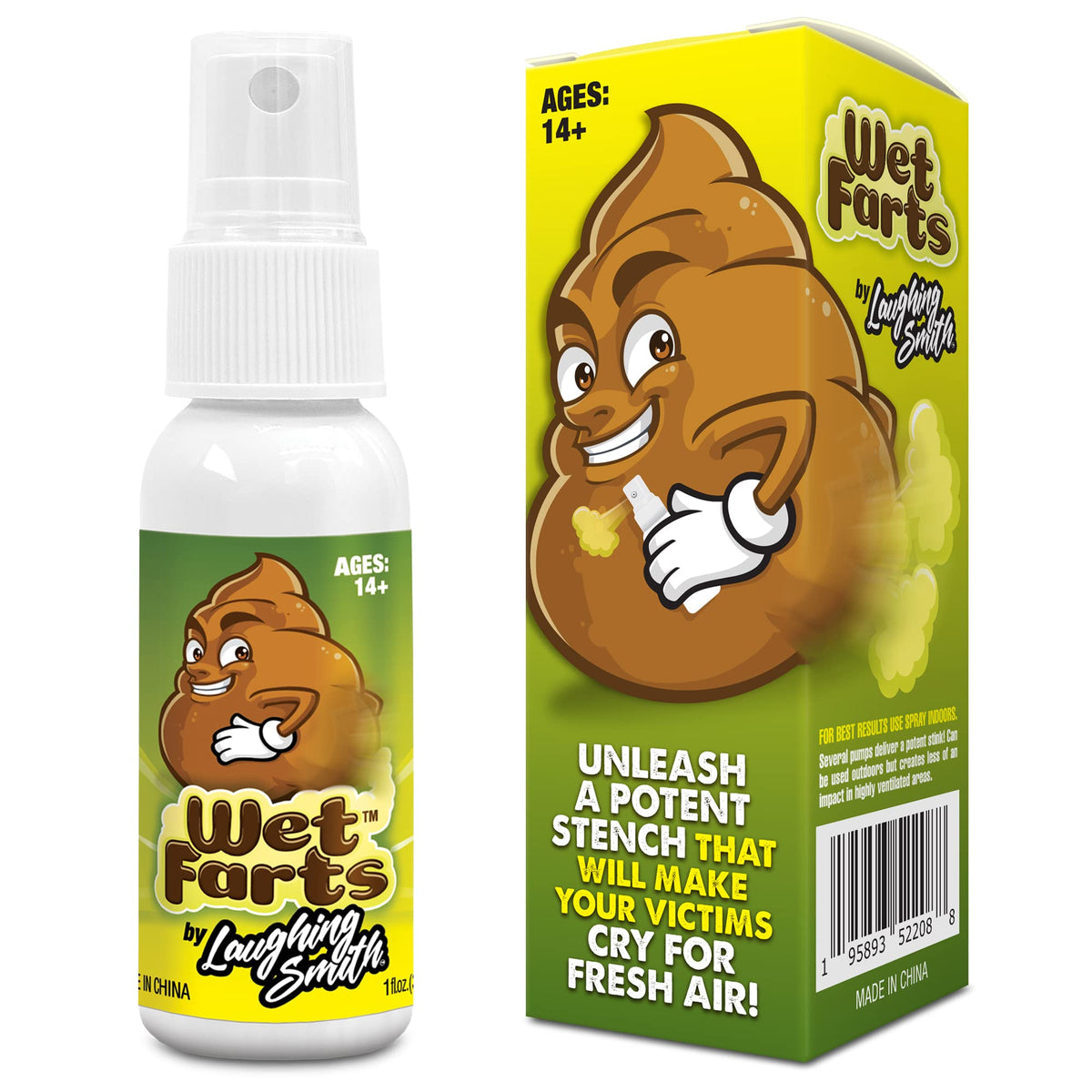 Laughing Smith Wet Farts spray bottle ready for indoor prank fun.