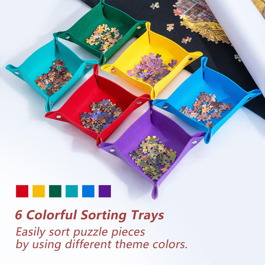 Six color sorting trays organize puzzle pieces by color and pattern