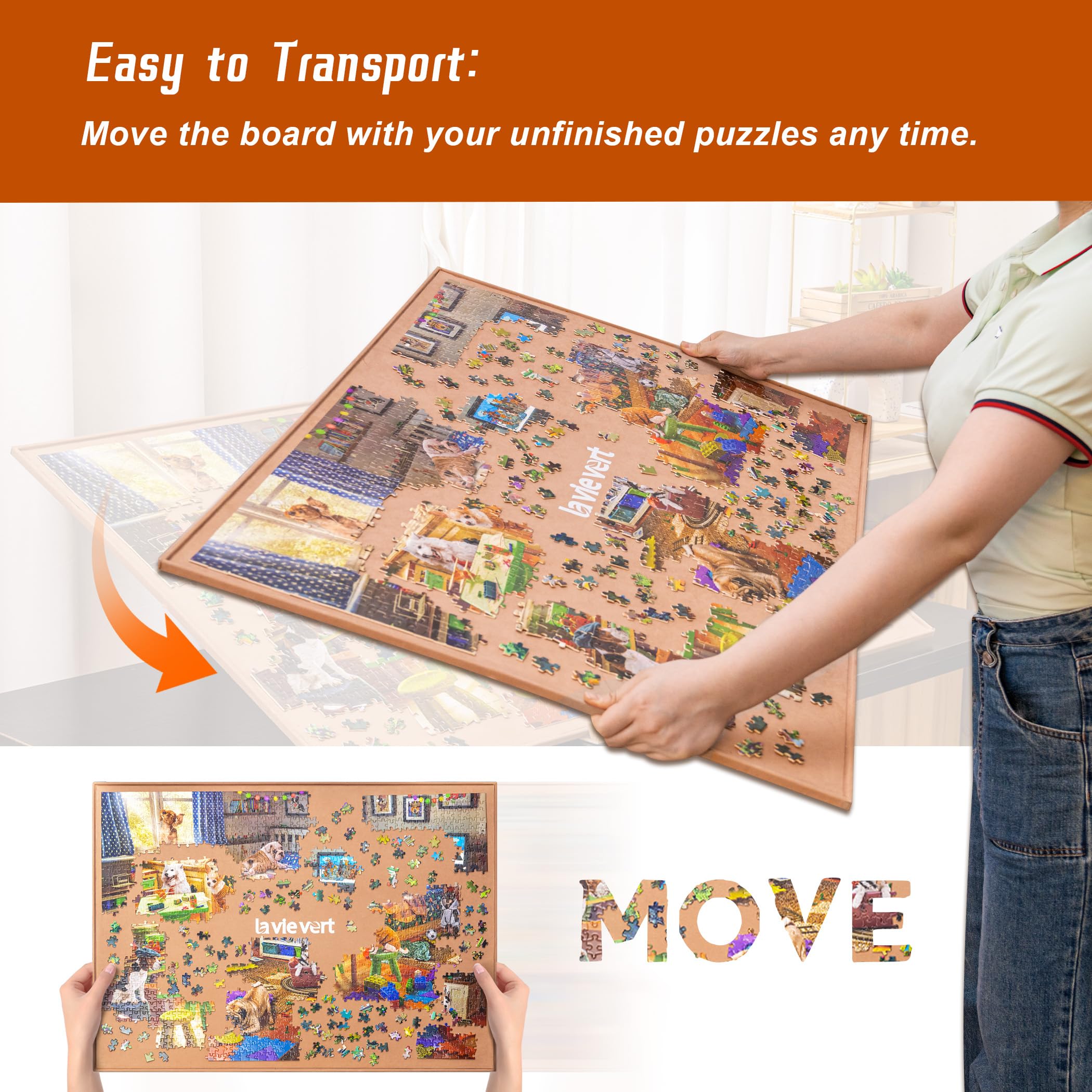 Lavievert jigsaw board stores neatly under a couch for pause storage