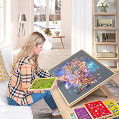 Lavievert portable puzzle board stores neatly for space-saving transport.