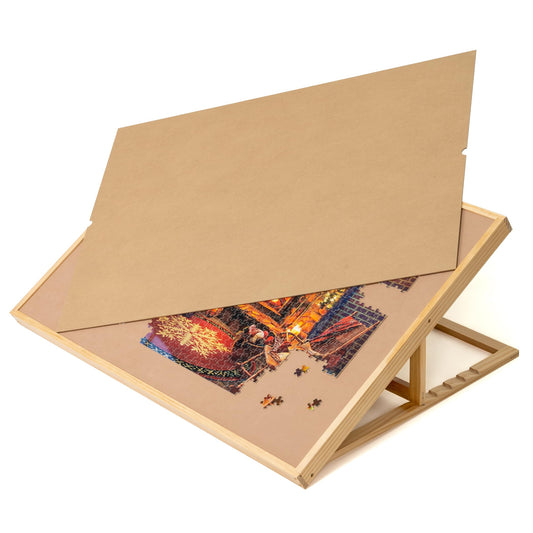 Lavievert puzzle board with wooden cover protecting unfinished work