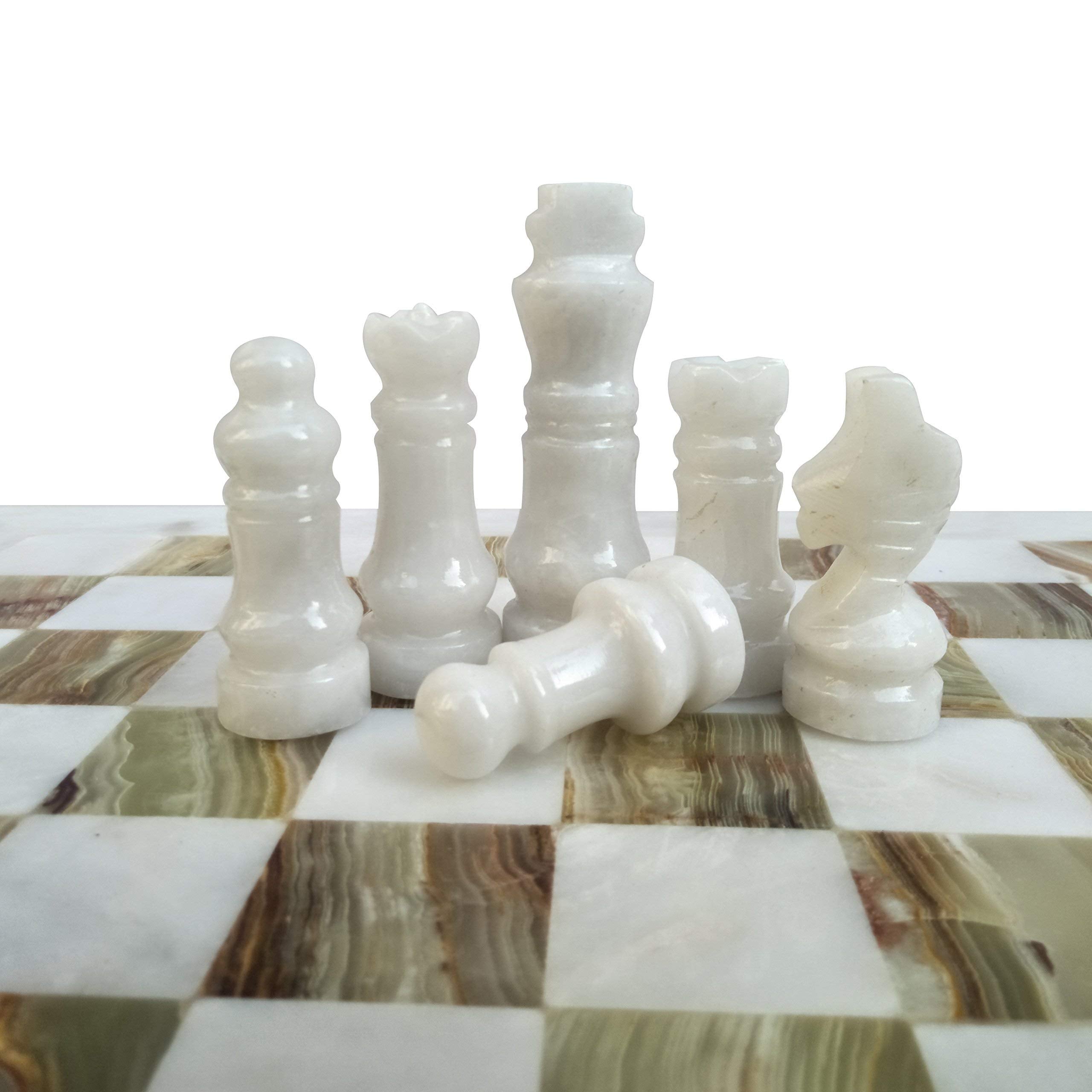 LAVISH CHESS SETS green onyx figures provide classic contrast on white squares.
