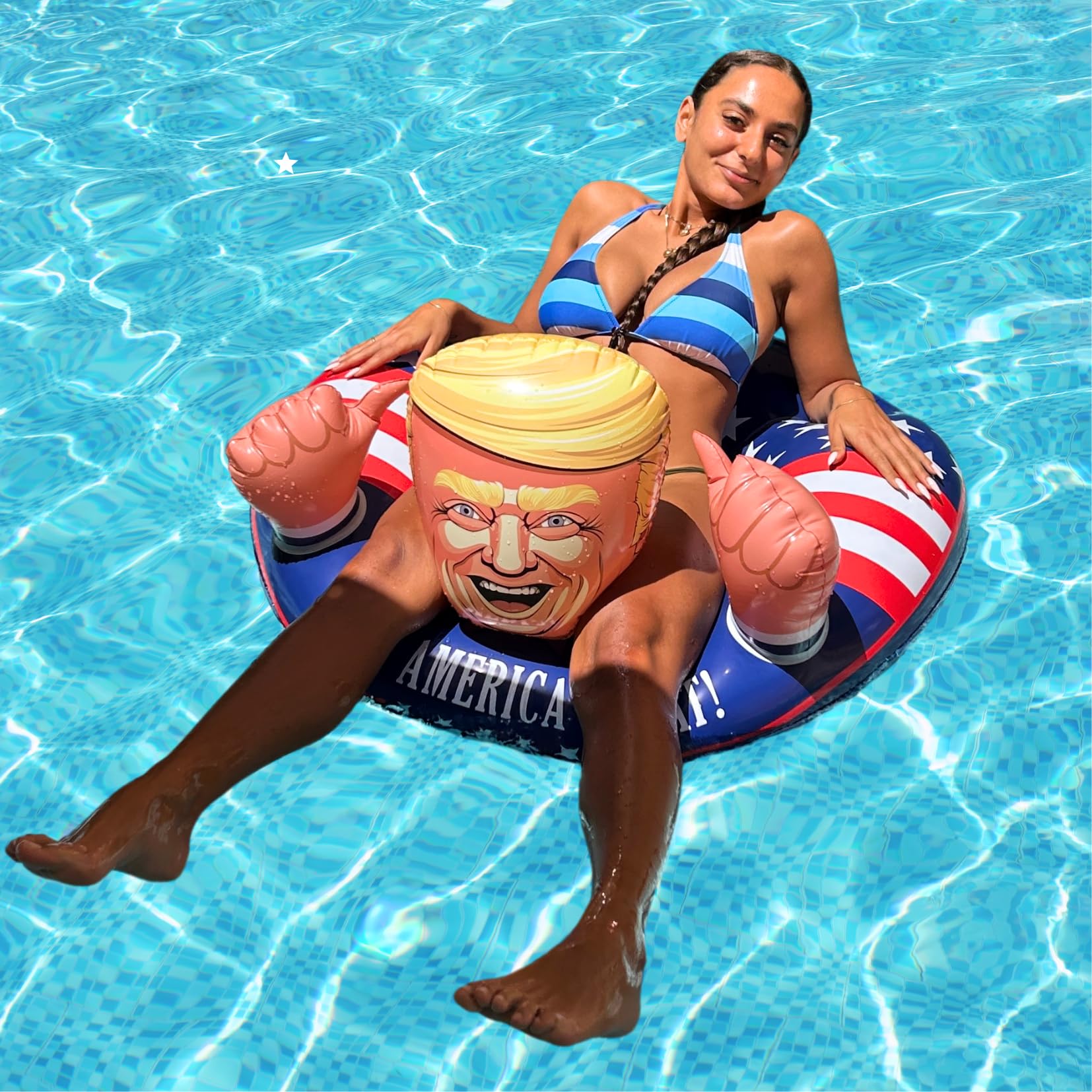 Lavrebu Ninostar inflatable float at a sunny summer pool party setup.
