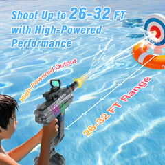 Lawdiey water gun offers long-range action with 26-32 feet reach.