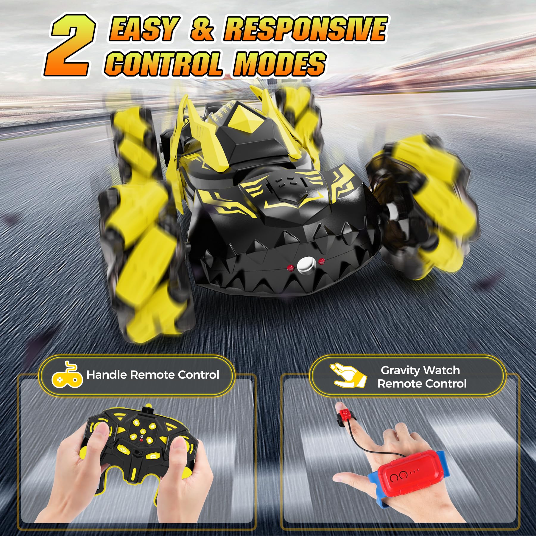 Lawdiey RC stunt car performs 360° rotations and dramatic drifts.
