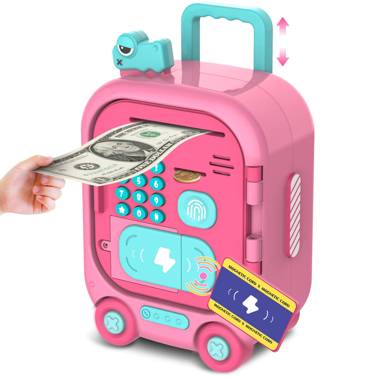 Lawdiey Piggy Bank with fingerprint unlock showing secure kid-friendly savings.