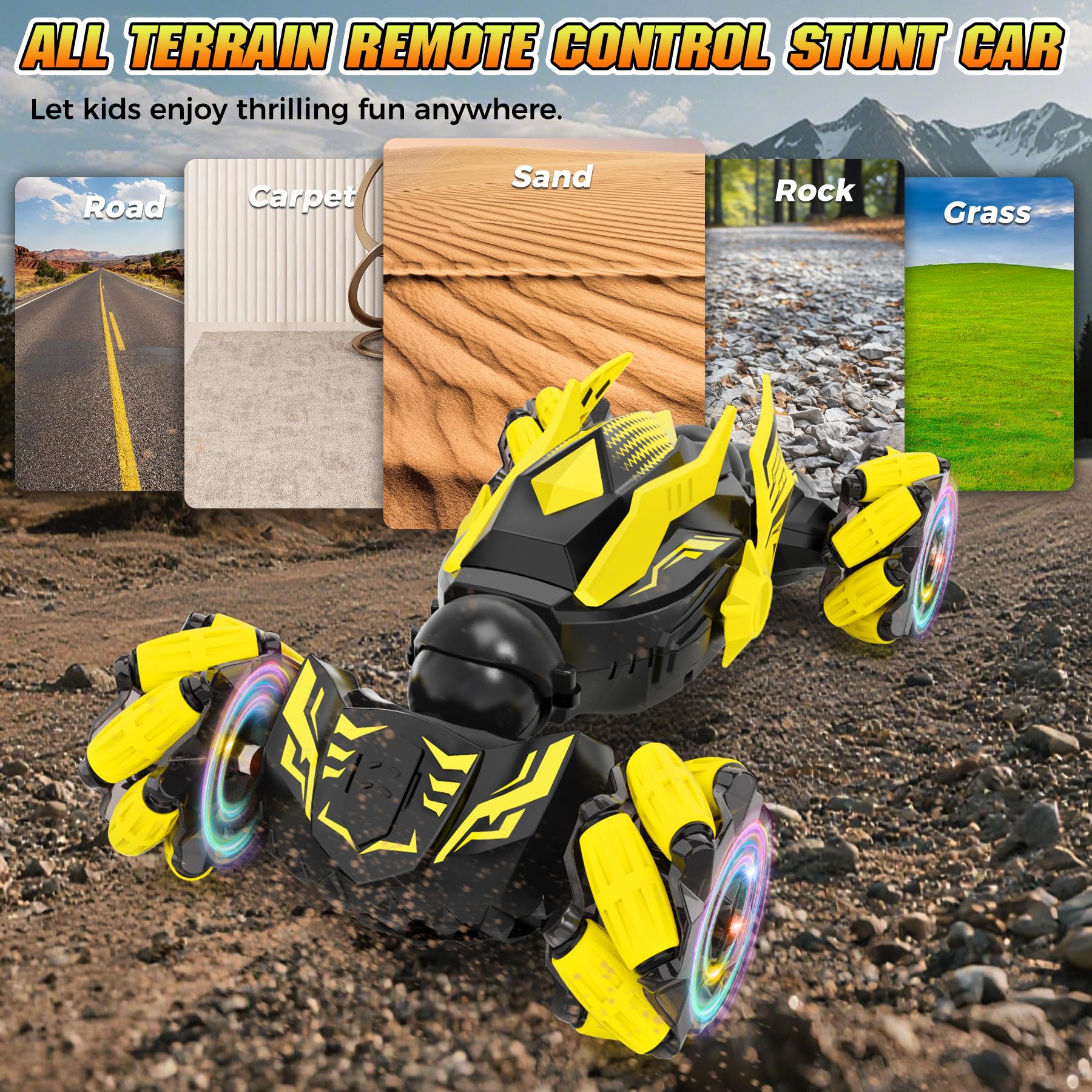 Lawdiey RC stunt car all-terrain tires tackle grass, sand, and gravel.