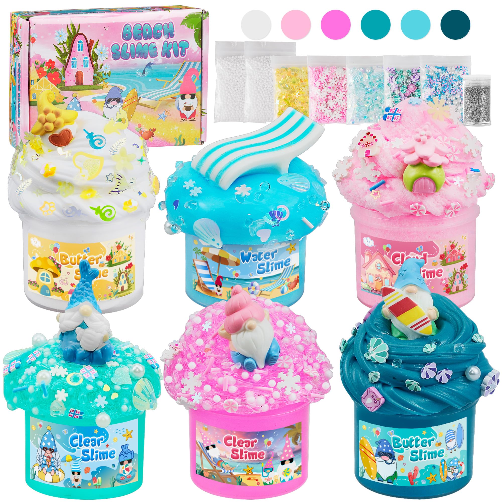 LAWOHO 6-pack slimes kit in pink and blue for colorful sensory play and party fun.