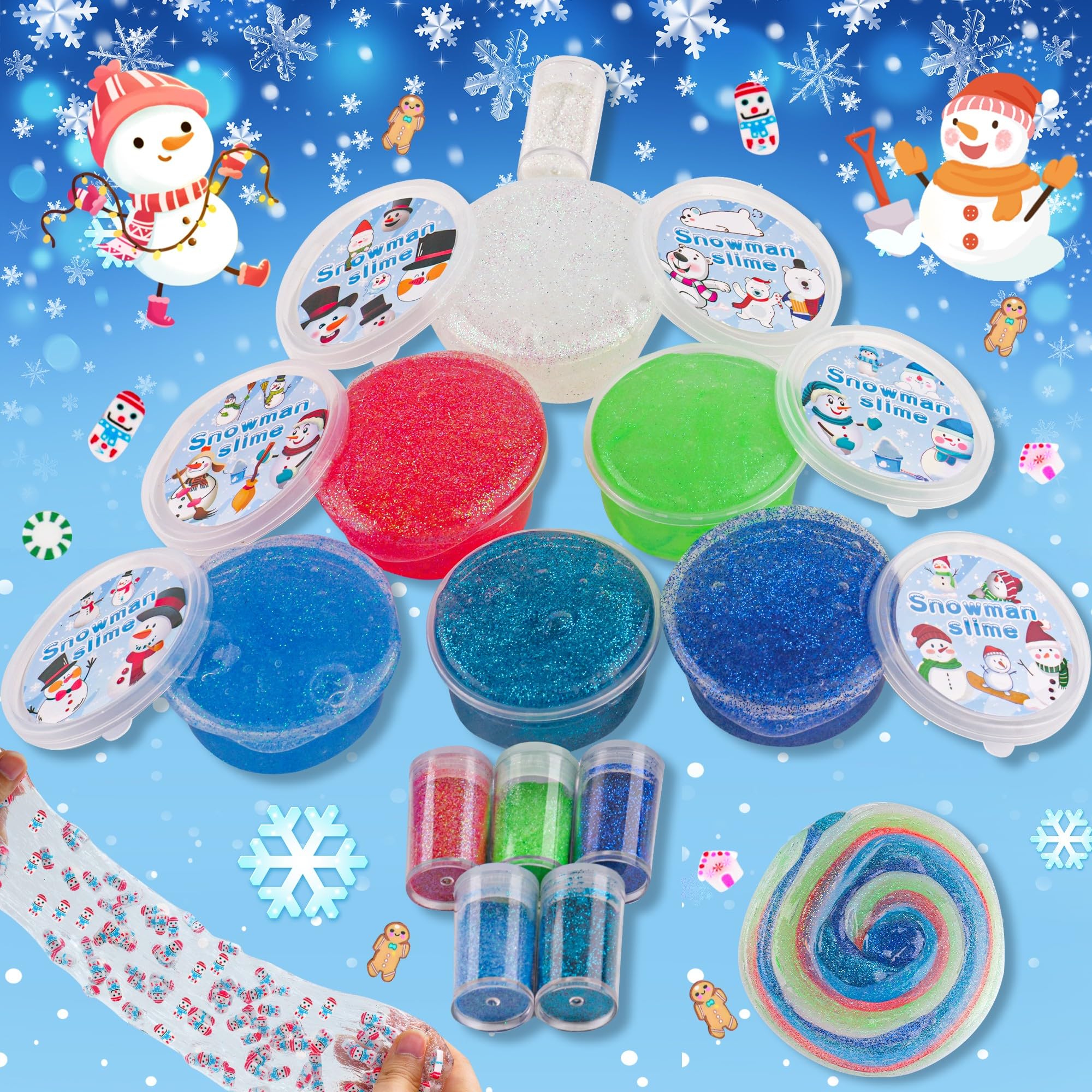 LAWOHO Blue and white tubes with paper enhance glittery snowman crafts.
