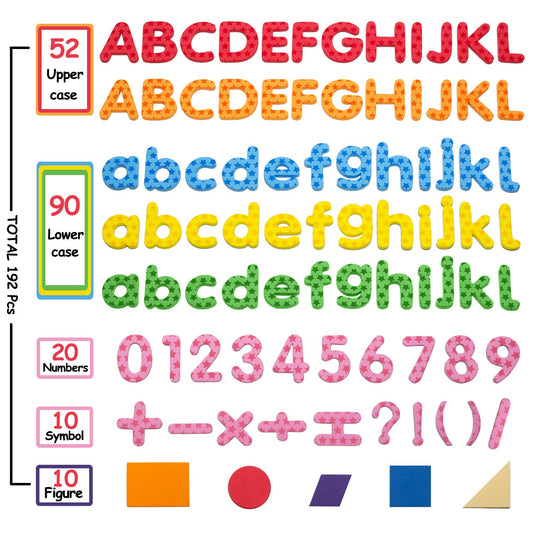 Laxdacee foam letters and numbers magnets encourage tactile letter recognition and counting skills.