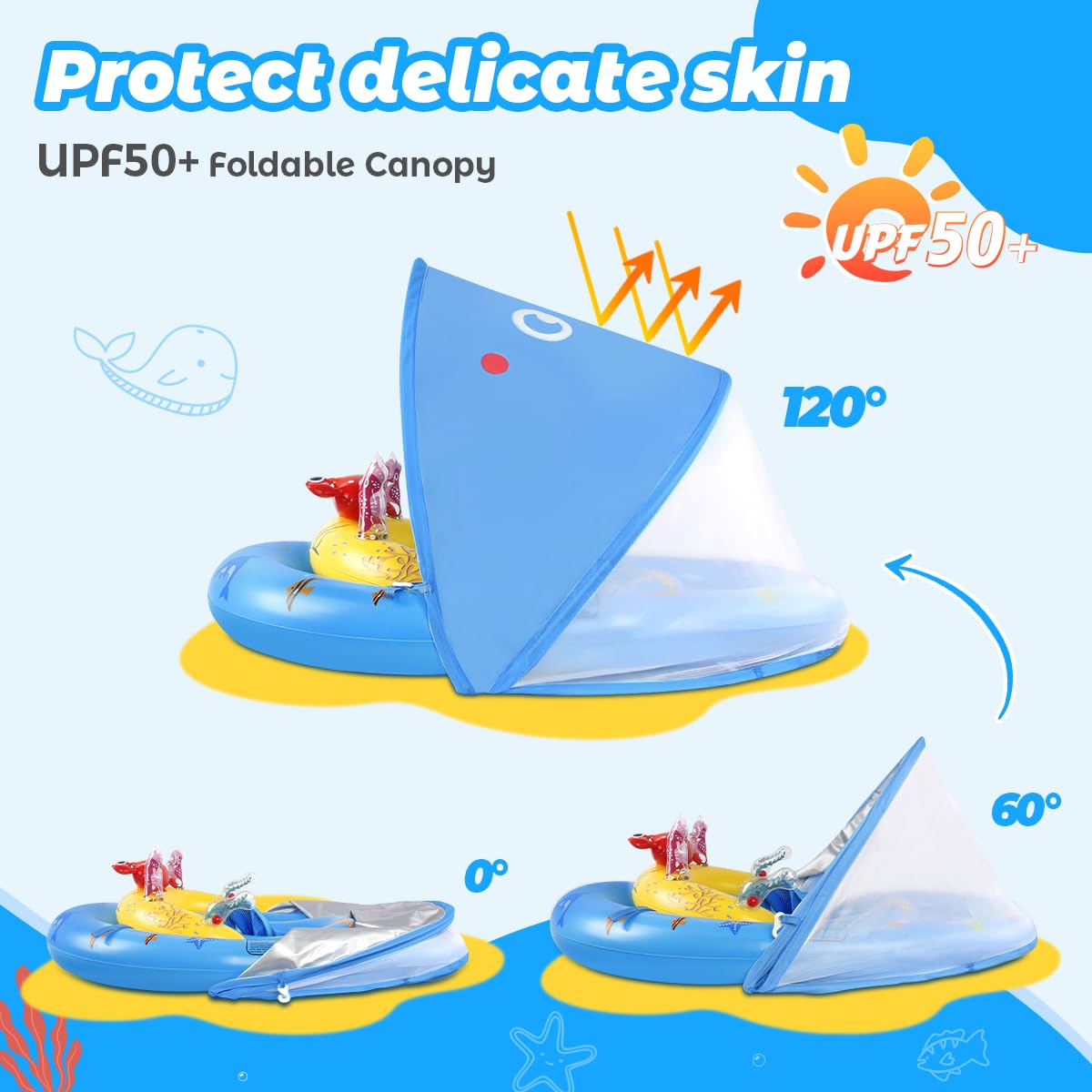 LAYCOL pool float with toy console keeps baby engaged during water play.