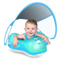 LAYCOL baby float with canopy provides sun protection for outdoor pool play.