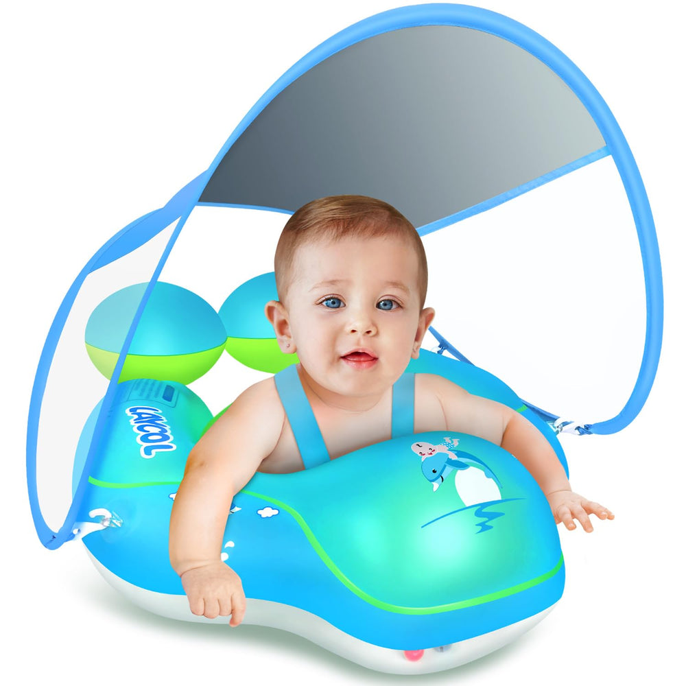 LAYCOL baby swim float with UPF50+ canopy provides sun protection during pool time.