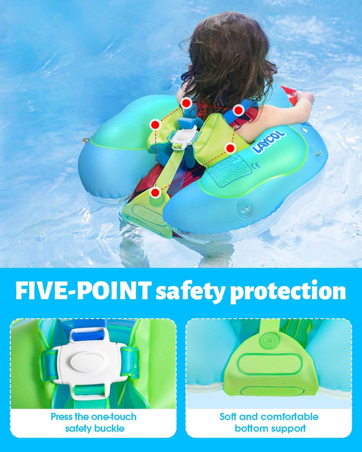 LAYCOL baby float with shoulder strap keeps infant secure during water fun.