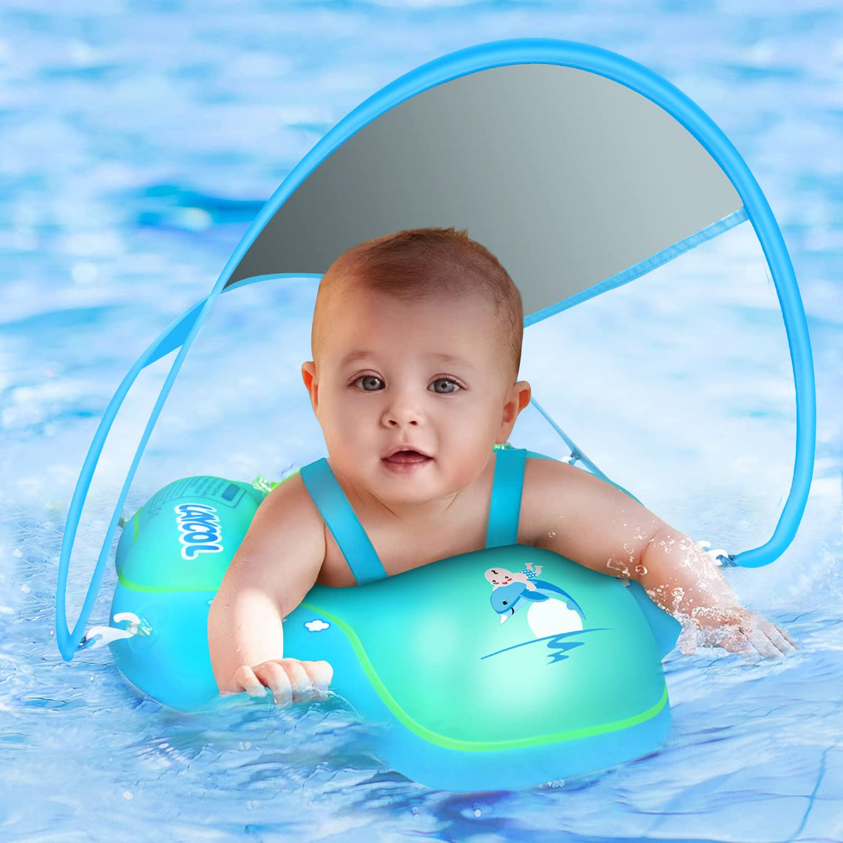 LAYCOL baby float with UPF50+ sun canopy protects skin during pool time.