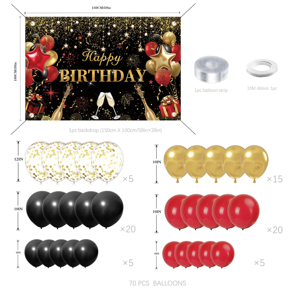 Lazy Time balloon arch kit with 70 red, black, and gold balloons for a luxe focal point.