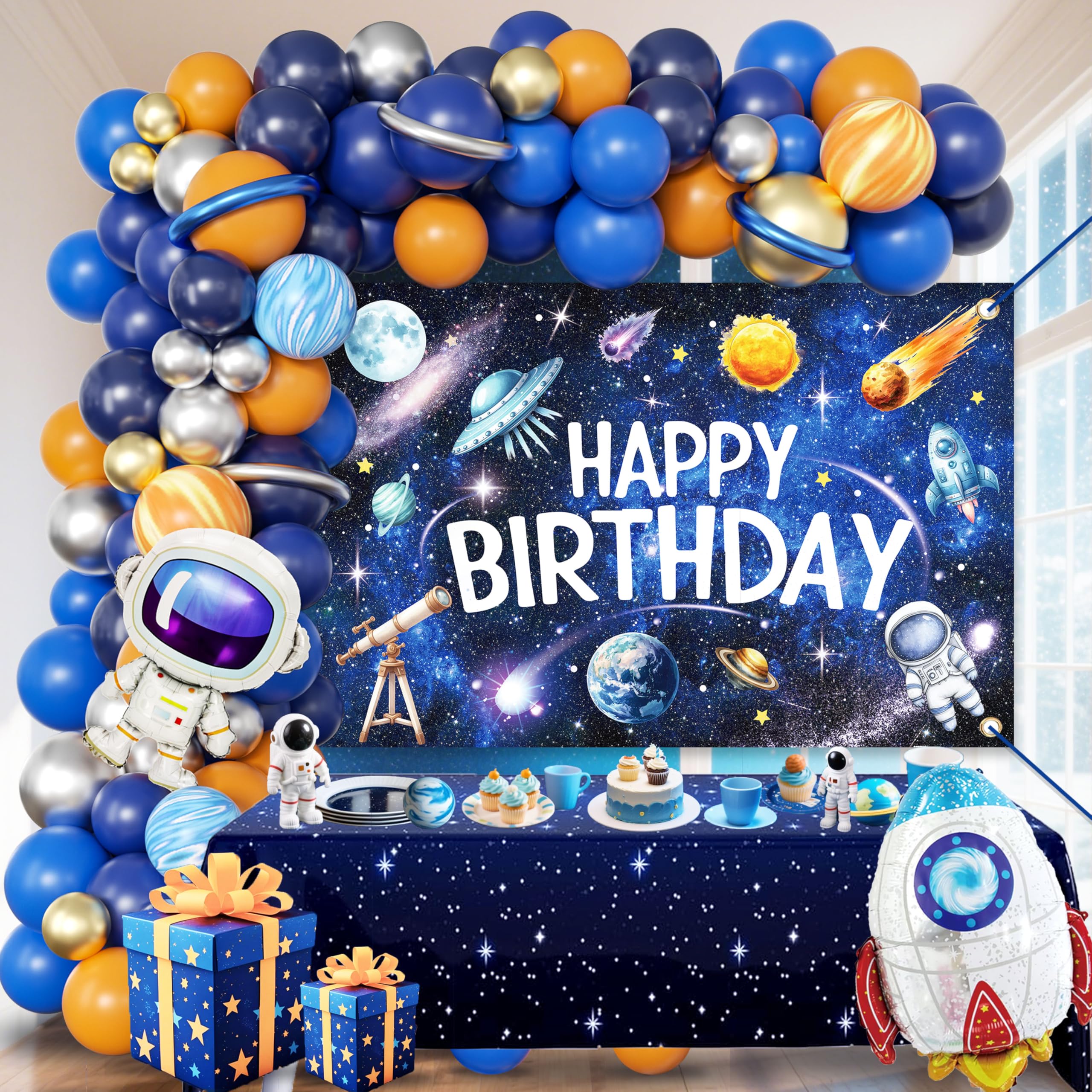 Lazy Time outer space backdrop with happy birthday text for a bold party focal point